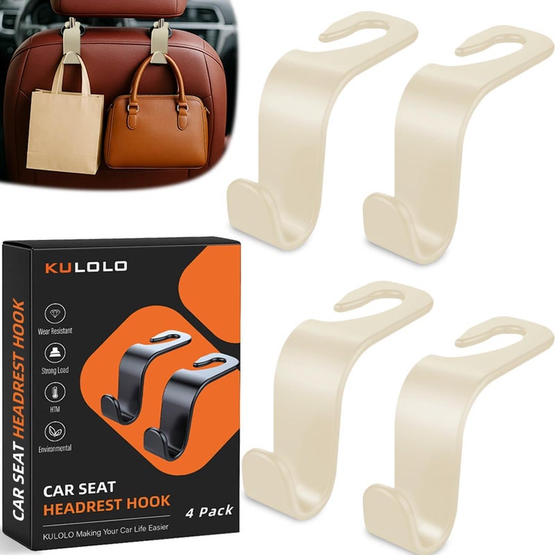 KULOLO Car Seat Hooks & Purse Holder - 4 Pack Boxed,55 lb Heavy Duty,Eco PP Car Hooks for Purse/Bag/Baby Gear/Gym Bag/Groceries/Cup/,Fits 0.32-0.55”Car Headrest Rods (Beige) - Image 1